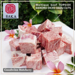 Beef TOPSIDE Australia MELTIQUE SAKA meltik (wagyu alike) daging rendang dendeng frozen SAIKORO DICED CUBED DADU cuts 4cm 1.5" (price/pack 500g 9-10pcs)